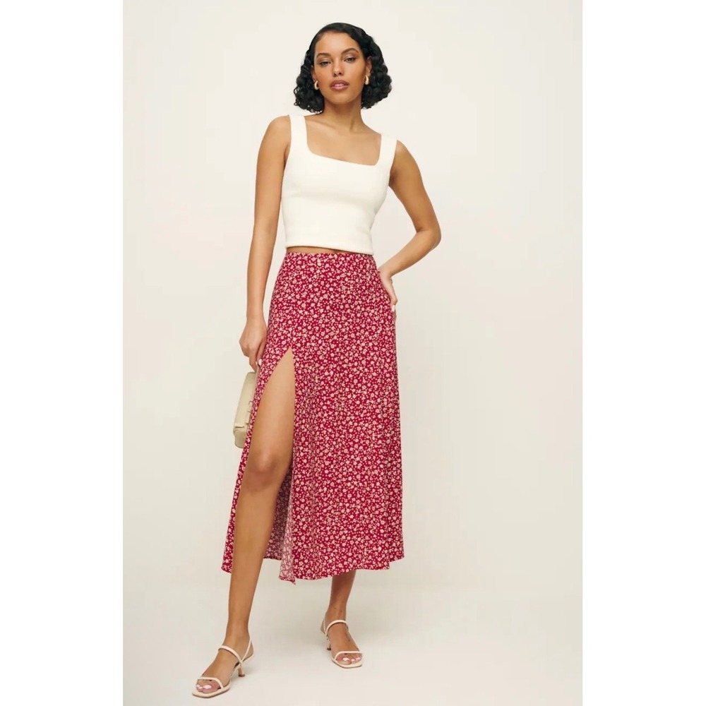 Reformation Red Floral Midi Skirt High Slit Daisy Print Size 10 Viscose Blend